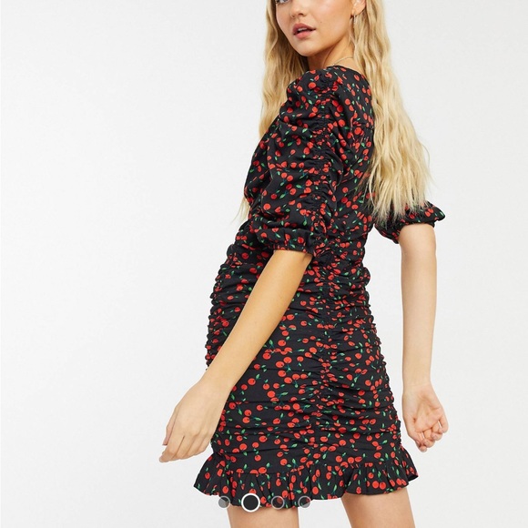 Wednesday’s Girl Mini Tea Dress In Cherry Print Ruched Ruffle Puff Sleeve - Picture 2 of 3